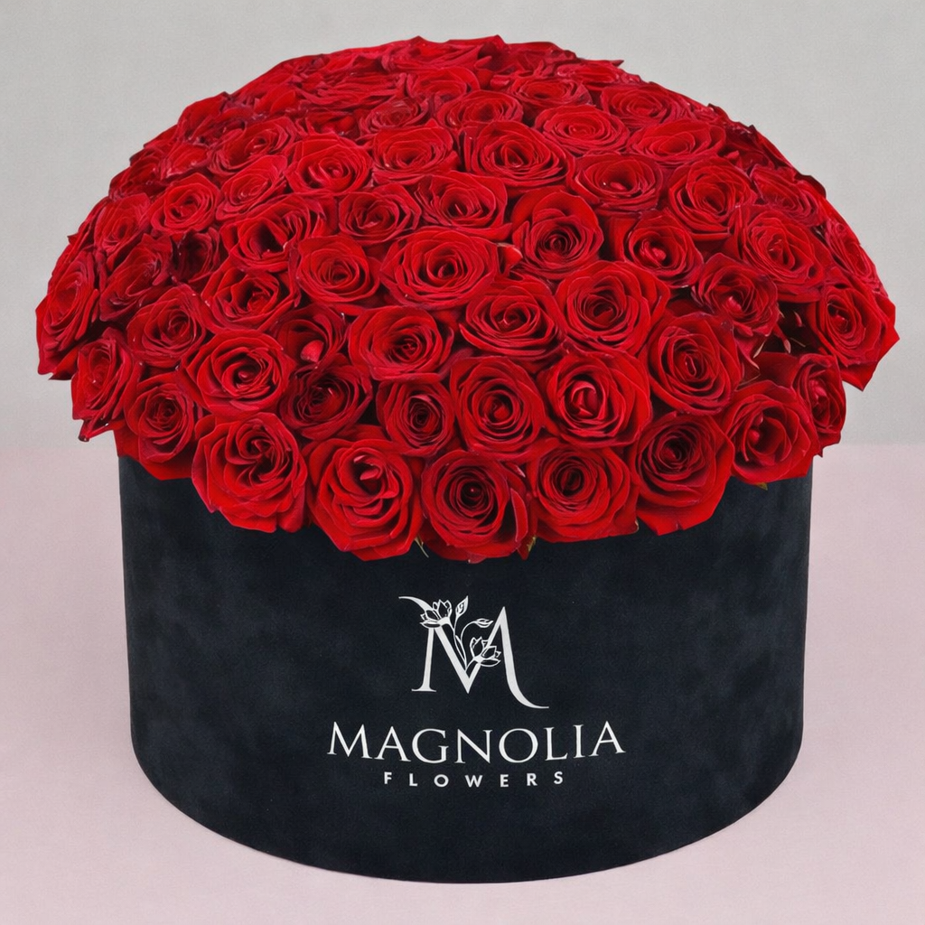 Deluxe Red Roses Velvet Hat Box Arrangement